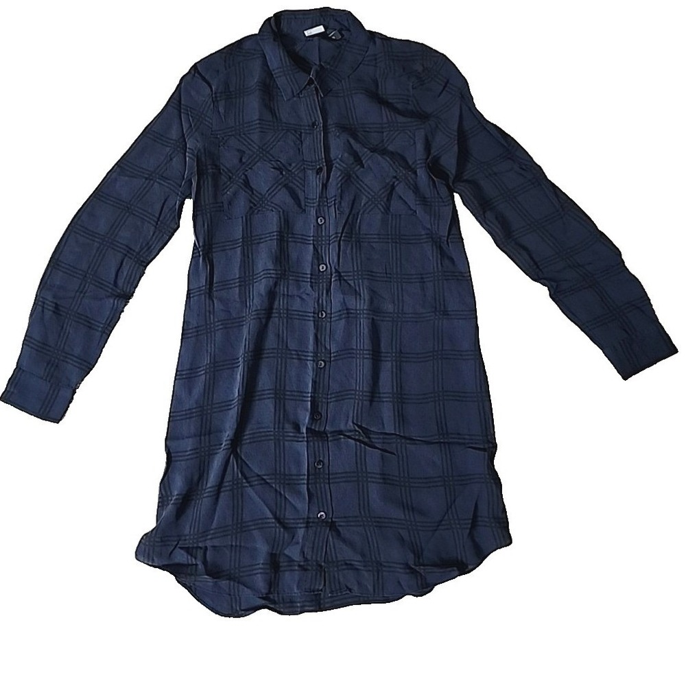Eileen Fisher Silk Shirt Dress XXS Blue Black Plaid Button Up The Fisher Project